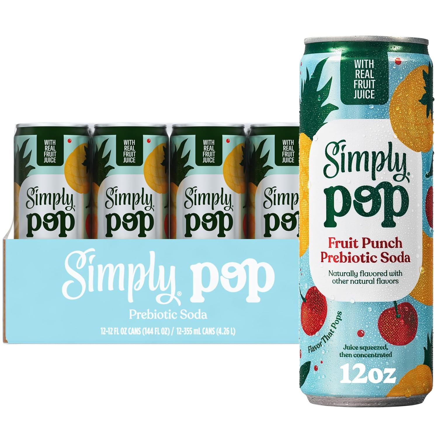 Simply POP Prebiotic Soda Fruit Punch Cans, 12 fl oz, 12 Pack