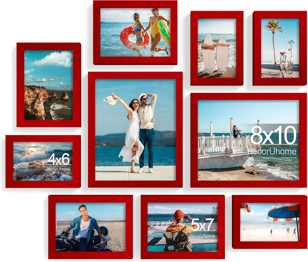 decorUhome Picture Frames Collage Wall Decor for Photo Gallery Display, Assorted Picture Frames set of 10 Including Two 8x10 / Four 5x7 / Four 4x6 for Family Wall Decor, Red, 10 Pack