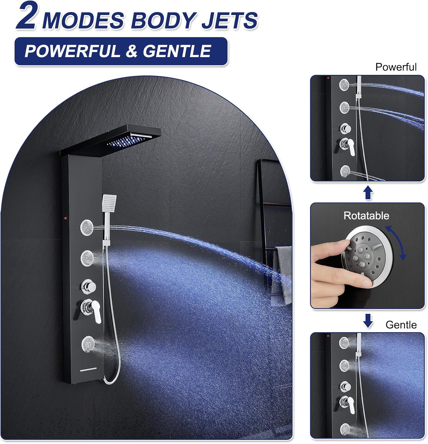 ROVATE LED Shower Panel Tower System with Rainfall Waterfall Shower, Black Shower Tower with Jets and Rainfall and Handheld, 5 in 1 Stainless Steel Shower Column High Pressure with Tub Spout