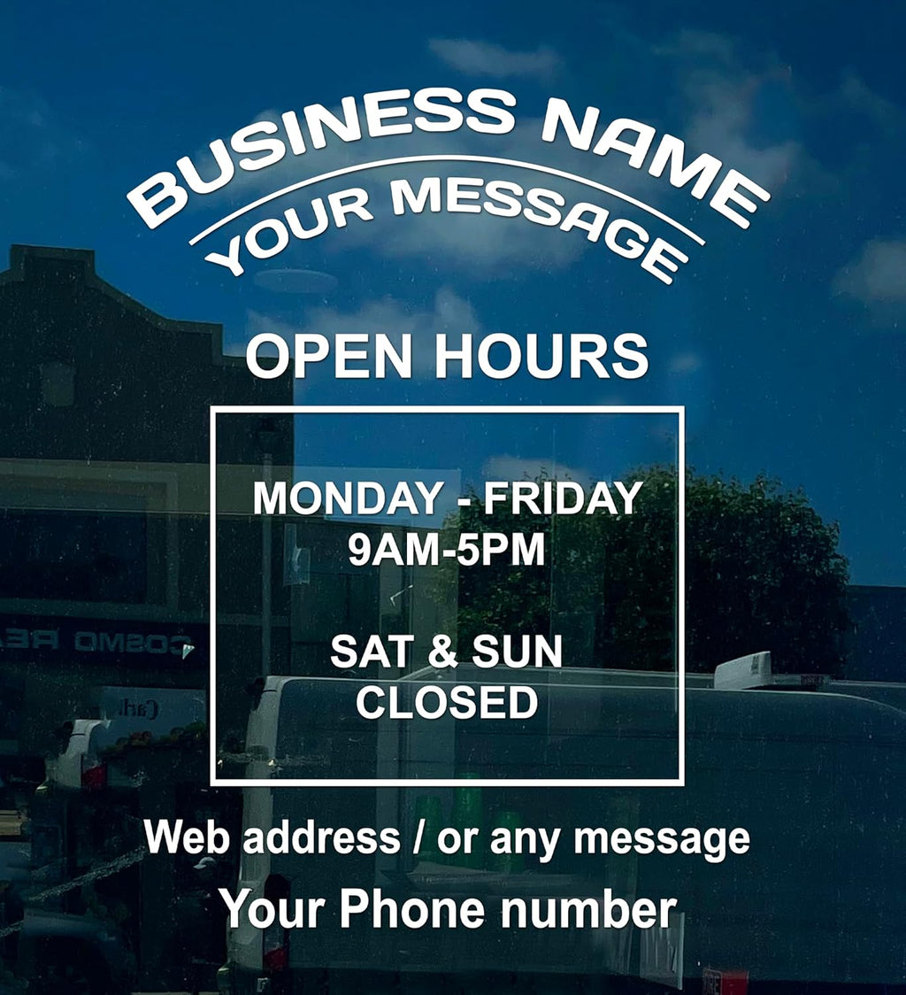 Business Hours Sign for Window – Two Title Lines (Two Arc-Portrait) If you select the Size 19"x25", you'll get 2 devided signs (Title area-19"x9", Open hour area-19"x16") for easier installation.