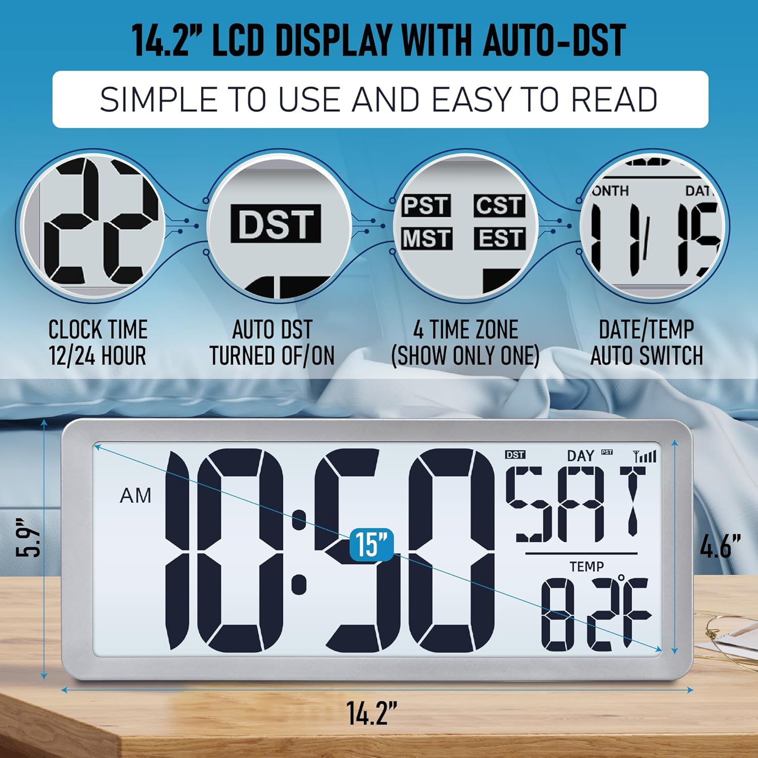 TXL Silver Large Digital Wall Clock with Backlight, 14.2" Battery Operated Alarm Clock with Day, Date & Temperature, Large Wall Clock for Classroom,Bedroom, Livingroom, Office，（Battery Included）