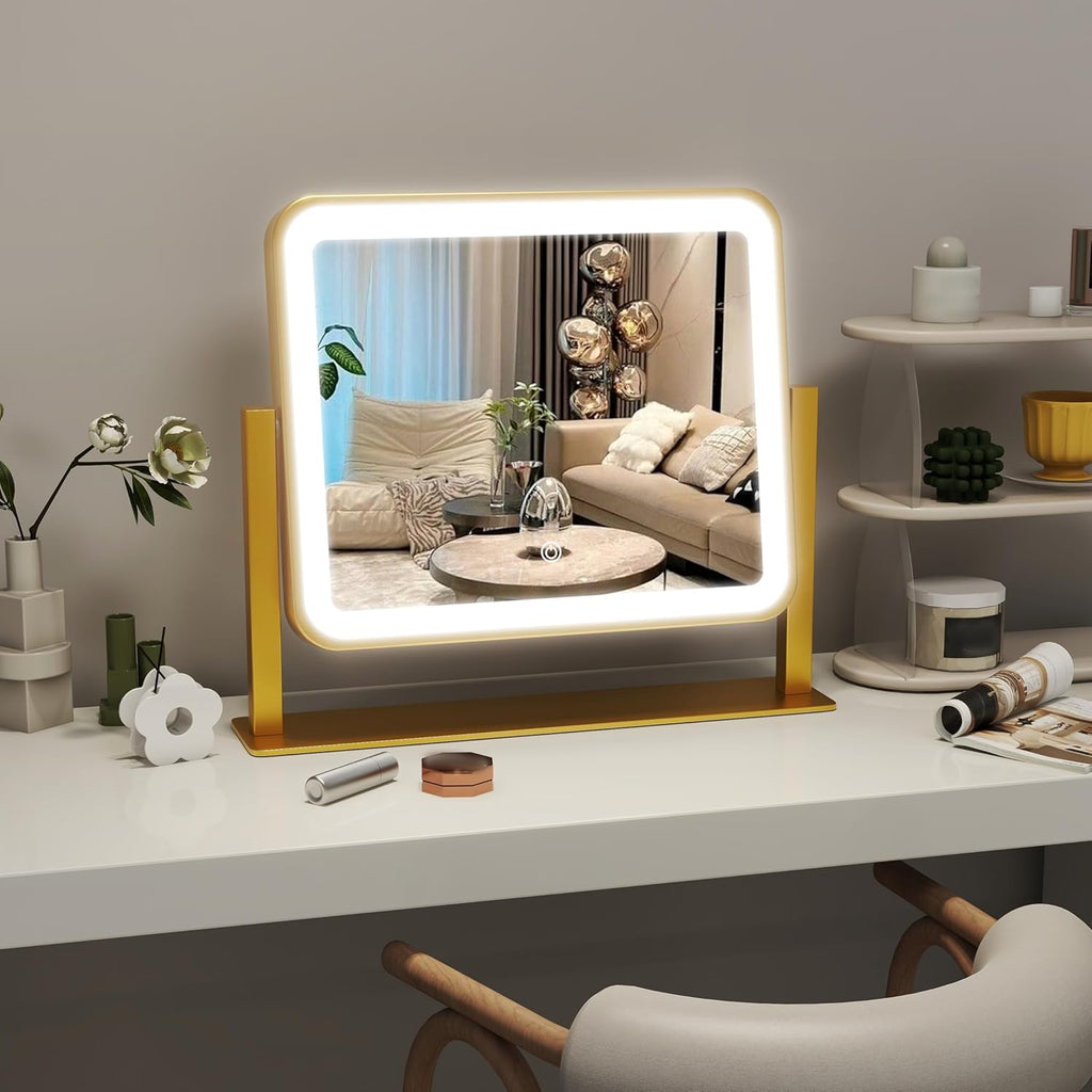 ROLOVE Gold Lighted Makeup Mirror, 14"x12" Vanity Mirror with Smart Touch Control, 3-Color Dimmable Lighting, 360° Rotation for Desk or Bedroom