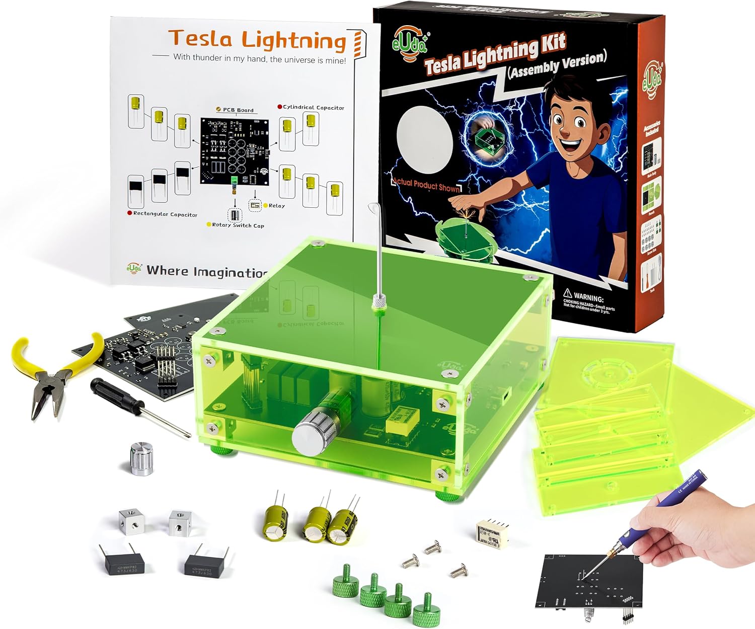 eUda+ STEM Tesla Lightning Kit – Easy DIY Electronic Science Kit – Perfect Christmas STEM Gift for Kids – Fun Hands-On Learning & Building Toy (Soldering Version, Rectangular-Fluorescent Green)