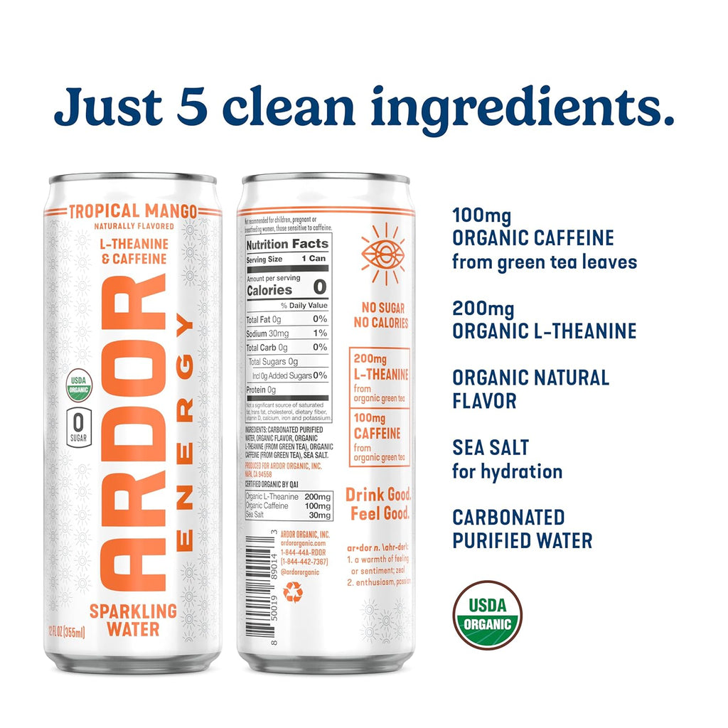 ARDOR ENERGY Sparkling Water with 100mg Natural Caffeine & 200mg L-Theanine from Organic Green Tea for Smooth Energy & Focus | Healthy Energy Drink | No Sugar, Zero Calories, Vegan, Gluten-Free | Tropical Mango (Pack of 12, 12oz cans)