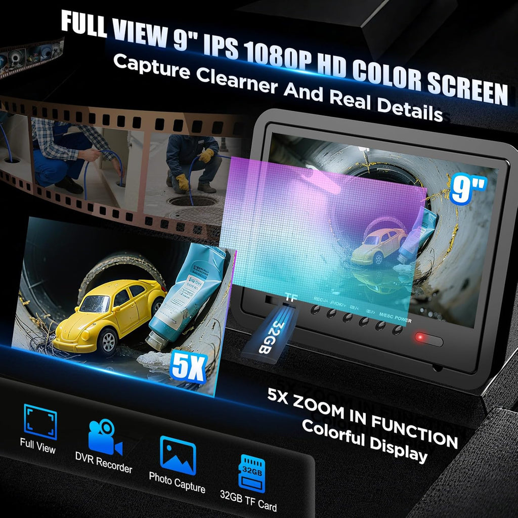 Sewer Camera with Locator, Drain Camera 200ft, Pipe Inspection with 512Hz Sonde, Self-Leveling, Industrial Endoscope with DVR, 9" LCD, Meter Counter, 7mm Cable, IP68 Waterproof, 12 LEDs, 32GB Card
