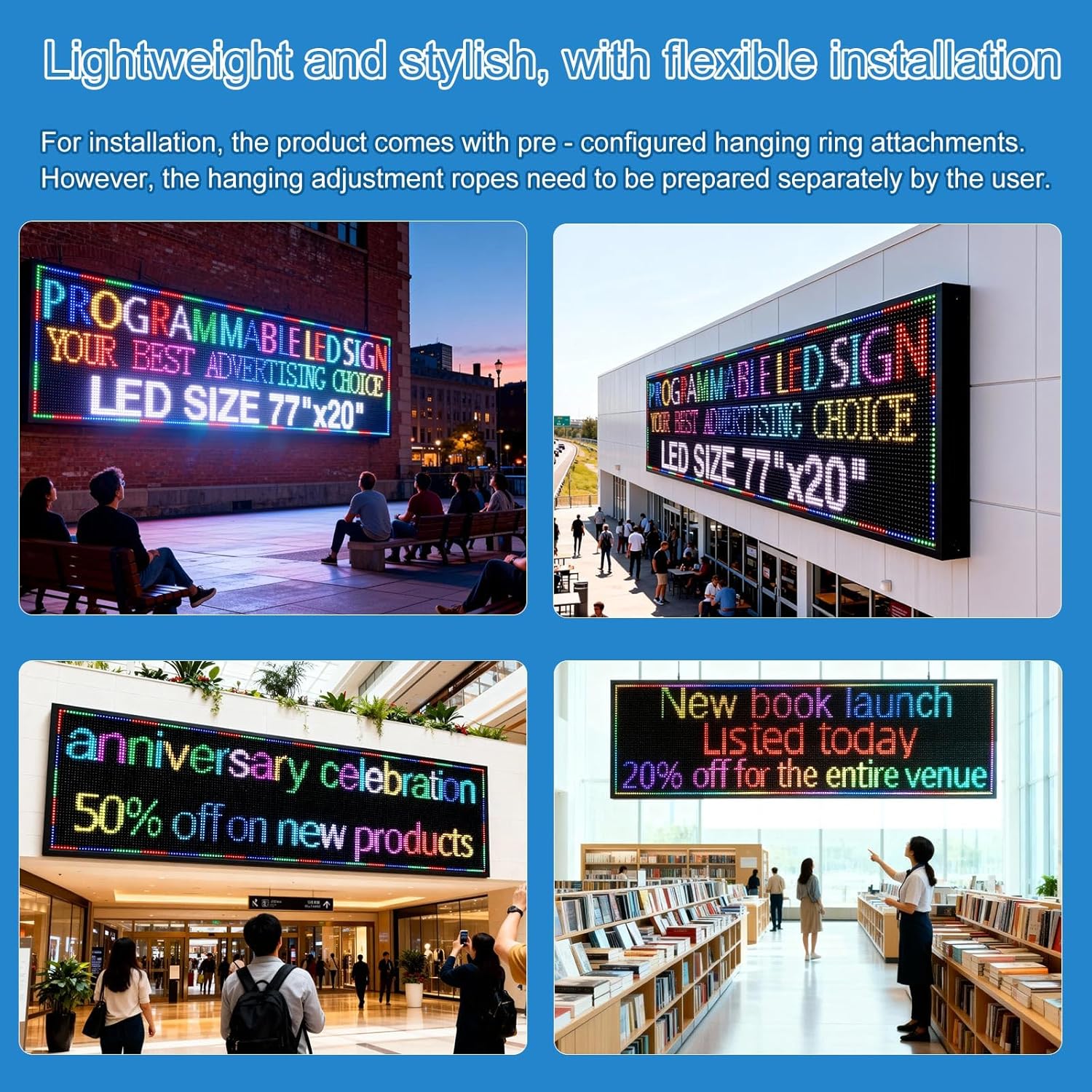 P10(77"*20") Outdoor Open Programmable Scrolling Led Sign Custom Wifi Led Signs For Wall Digital Signage Message Board Business Signs Board For Outside Advertising Sign Screen Panel