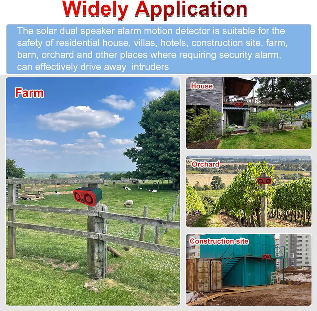 Solar Sound & Strobe Light Alarm Motion Sensor Siren, 13 Sounds & Recording, Dual Speaker 130dB Dog Barking Loud Noise Maker, Security Alert System for Home Farm Barn Villa Orchard (2 Pack)