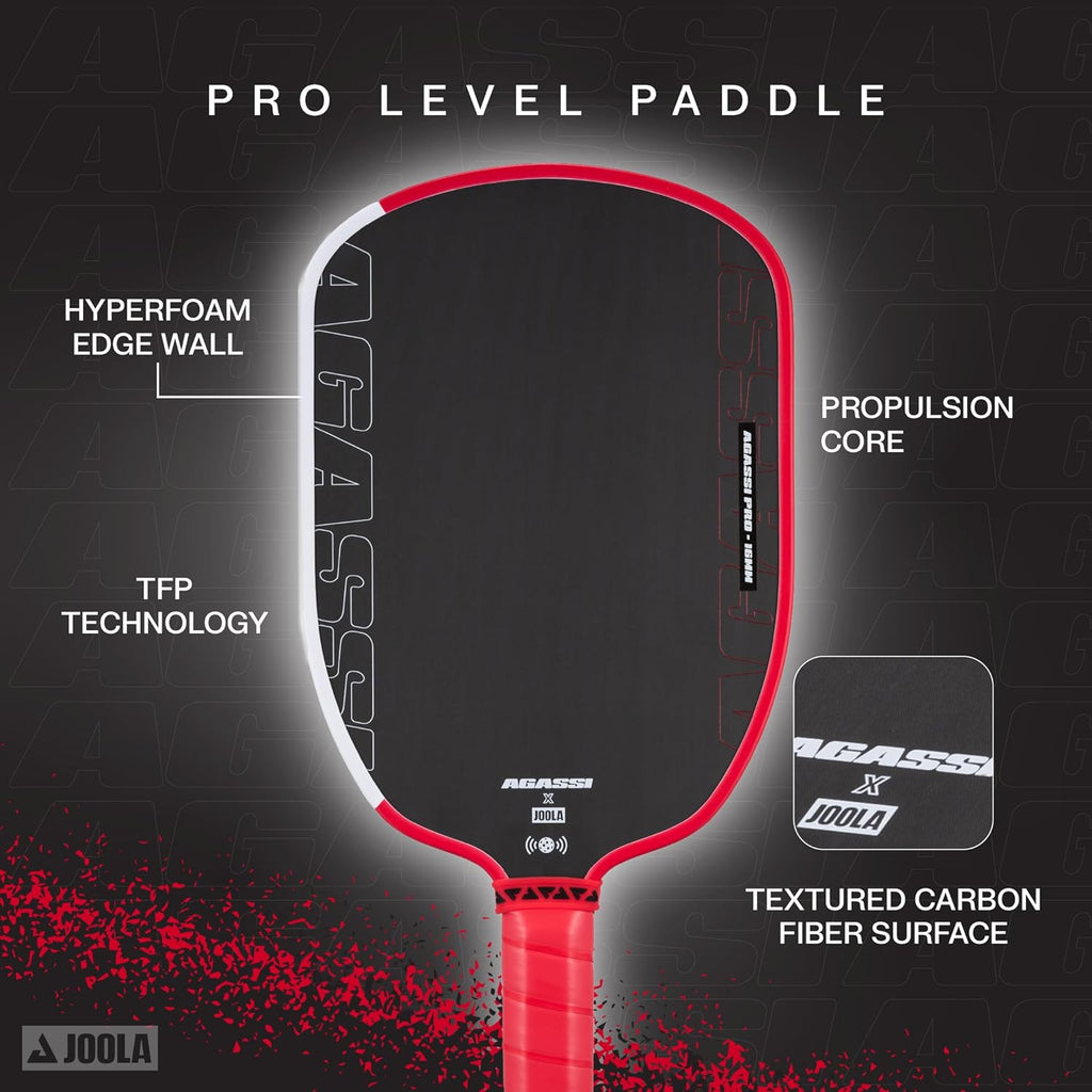 JOOLA Agassi PRO IV 16mm Pickleball Paddle w/Extended Sweet Spot - Carbon Fiber Surface Increases Spin & Control - SK Film for Power & Larger Sweet spot - UPA-A Certified - USAP Approved - NFC Chip