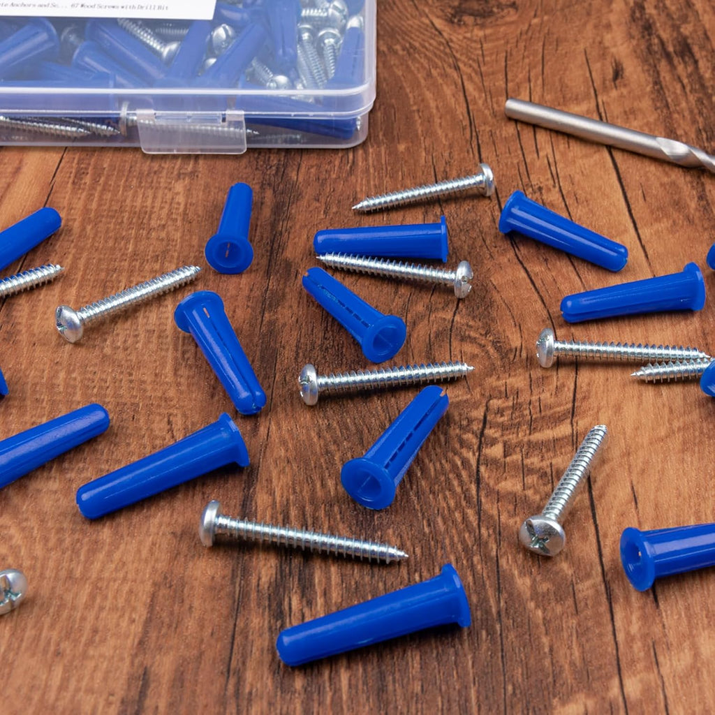 KURUI #12-16 Wall Anchors and Screws Kit, 134 PCs Drywall Anchors for Drywall Brick Masonry Stucco Concrete, 67 Plastic Concrete Anchors and 67 Wood Screws, Drywall Anchors for Picture, Curtain Rod