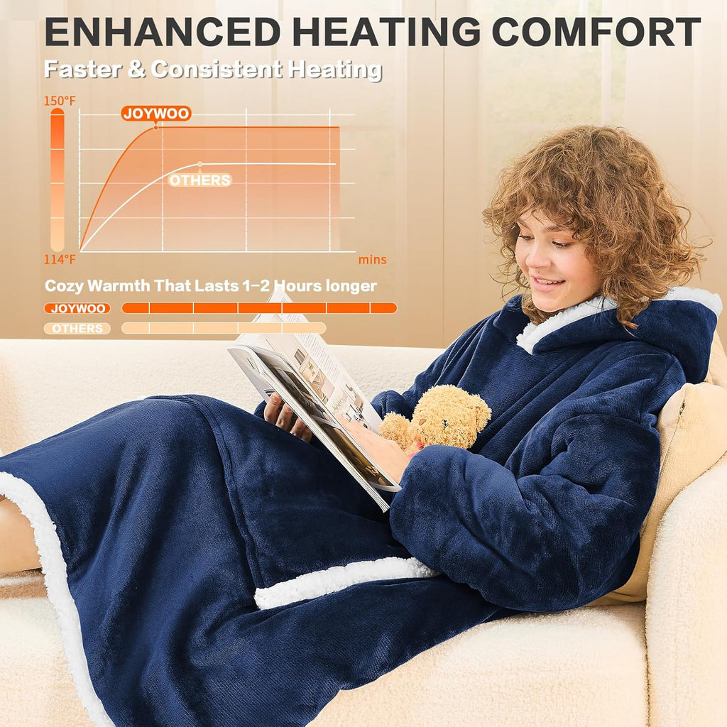 JOYWOO Wearable Heated Blanket Hoodie,Oversized Cordless Portable Heating Hooded Blanket Cat Lovers,Christmas Gifts for Women,Men,Cozy Sherpa Sweatshirt Electric Blankets Throw for Adult Outdoor,Navy