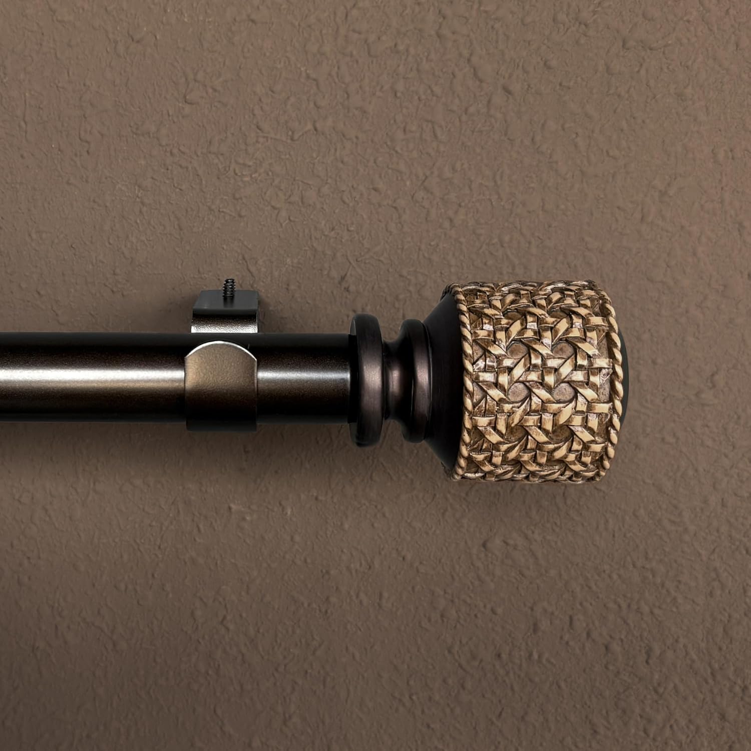 1-1/8 Inch Diameter Dark Bronze Curtain Rods with Faux Rattan Cane Woven Finials, 72-144'' Telescoping Single Curtain Rods for window width 68-140 inch, 1 pack