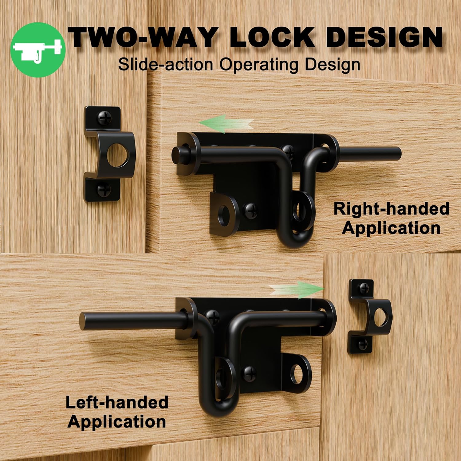 Heavy Duty Slide Bolt Gate Latch for Wooden Fence, 2 Way Barn Door Latch with Padlock Hole, Offset and Flush Mounted Gate Latch for Outdoor Gates/Yard Fence/Shed Door, Black, 1 Pack