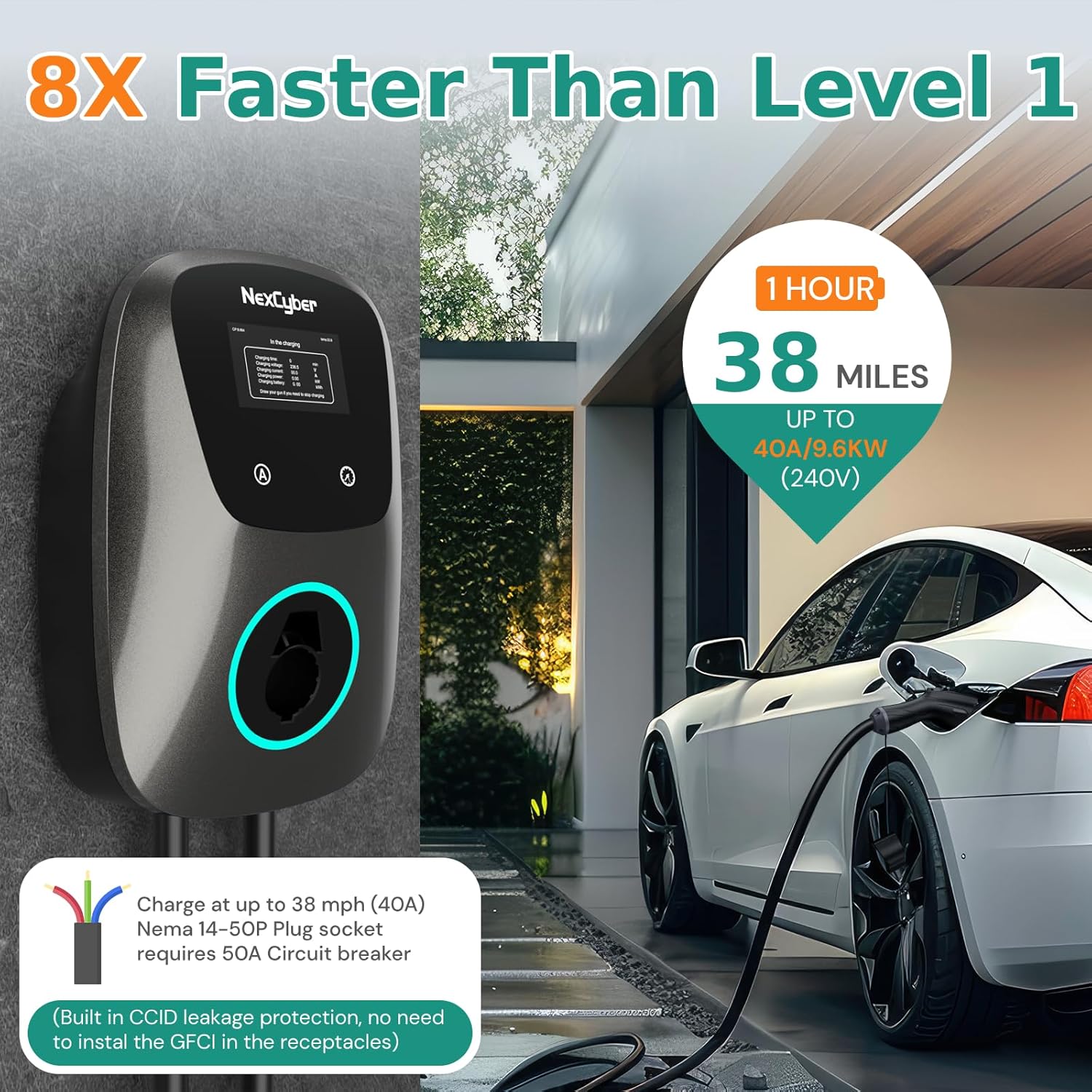 Level 2 EV Charger(WiFi APP/Plug-Play), 40Amp, 25ft Cable ETL Certified, 240V NEMA 14-50p Plug, Home Level 2 EVSE Car Charger w/ J1772 Connector, Electric Vehicle Charging Stations