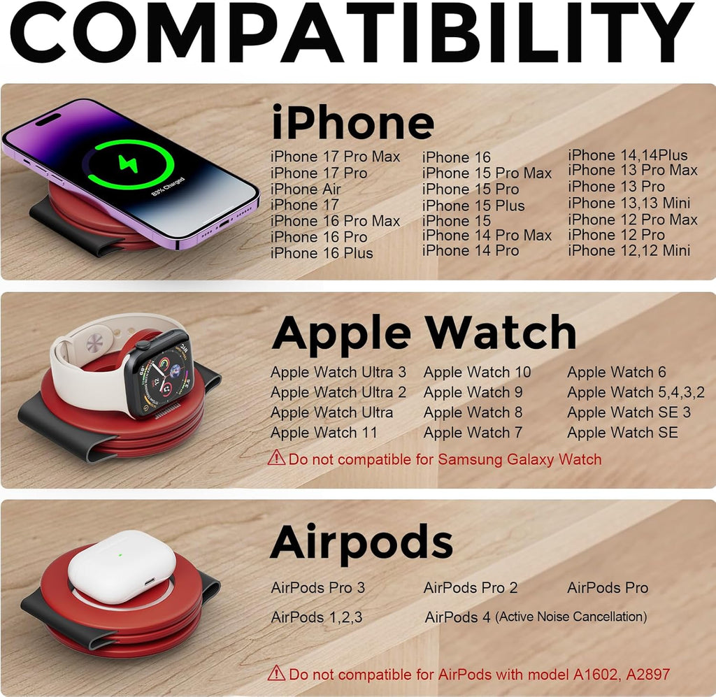 Hicober 3 in 1 Wireless Charging Station for Apple Watch and iPhone Air 17 16 15 14 13 12 Pro Max/Plus, Magnetic Foldable Wireless Travel Charger Station Stand for Airpods iWatch All Series Dark Red