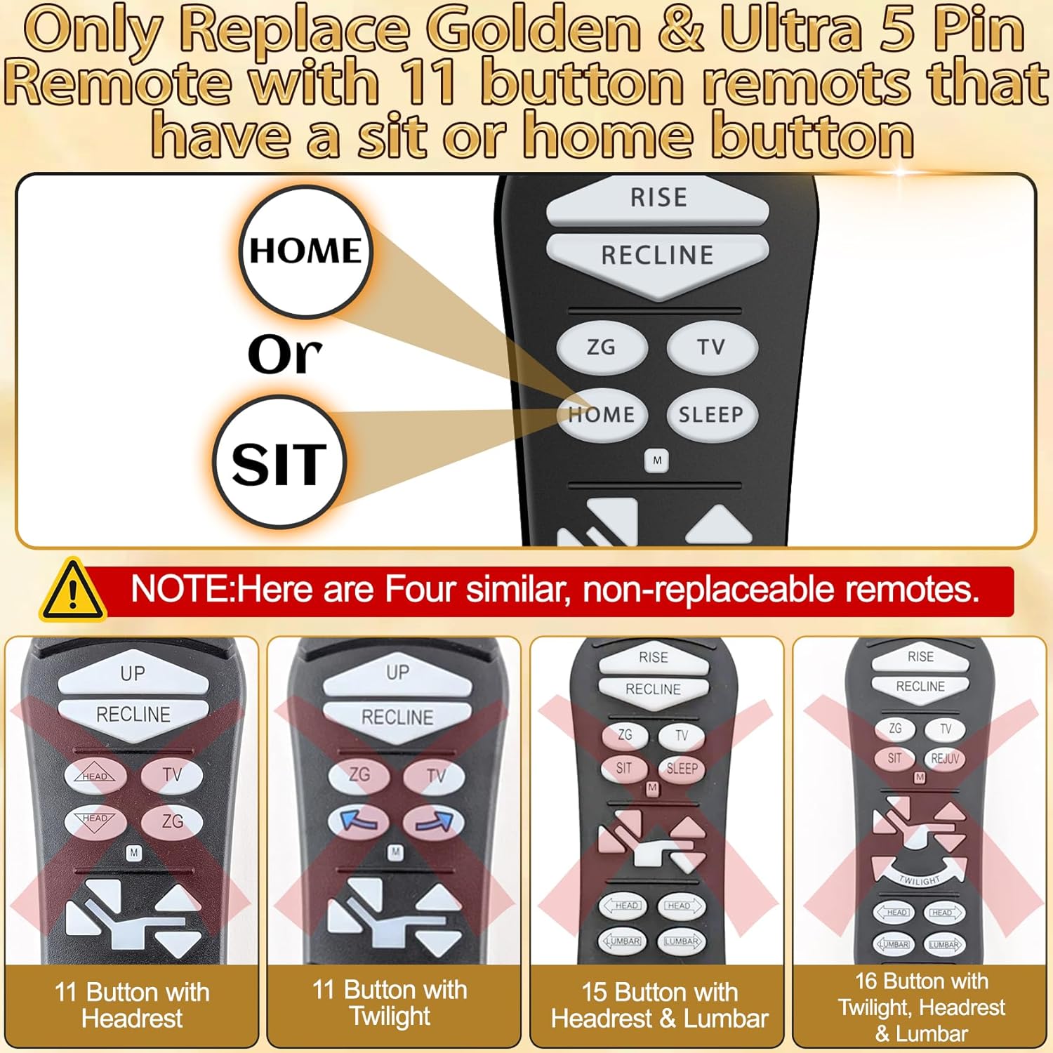 ZKAD-5 5 Pin Lift Chair Remote Only Fit for 2 Motors Golden and Ultra Comfort Chairs with 11 Button(Include SIT or Home, Not Twilight) Remote, Recliner Hand Control Part 5-Years Free Replacement