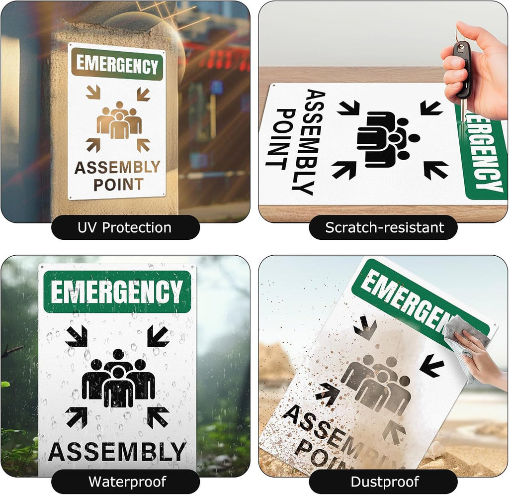 Emergency Assembly Point Sign with Pre-Drilled Holes 18 × 12 Inches Reflective Aluminum Waterproof Signage for Warehouse School Hospital