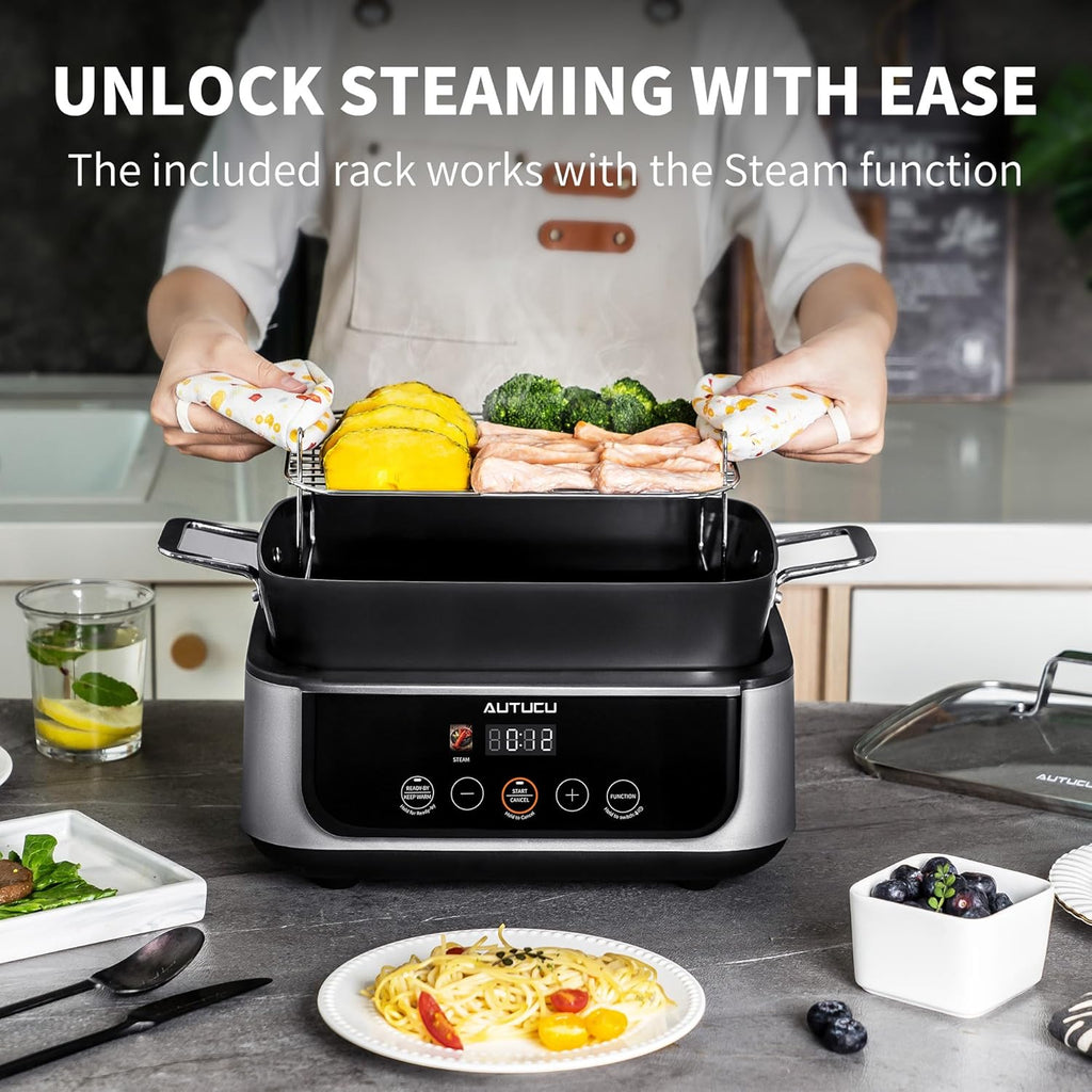 Slow Cooker 7 Quart | Programmable Multi-Cooker PFOA-Free Ceramic Coating, Steamer, Sear sauté, Warm Function (Includes Silicone Spoon)