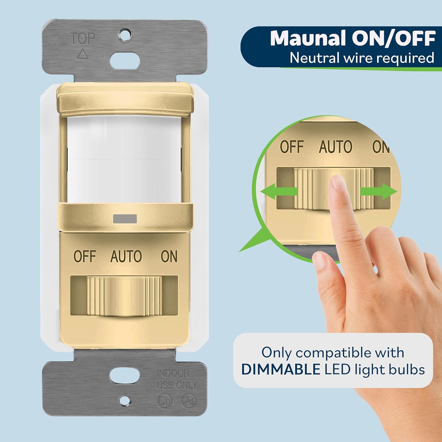 TOPGREENER in Wall PIR Motion Sensor Light Switch, Occupancy Sensor Switch, Neutral Wire Required, On/Off Override, Single Pole, 4A, 500W, Wall Plate Included, TSOS5-GDSWP, Gold