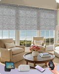 Graywind Smart Coupled Roller Shades Compatible with Alexa Google Custom Size Extra Large Motorized Blinds for Windows(1% Openess Geometry Grey)