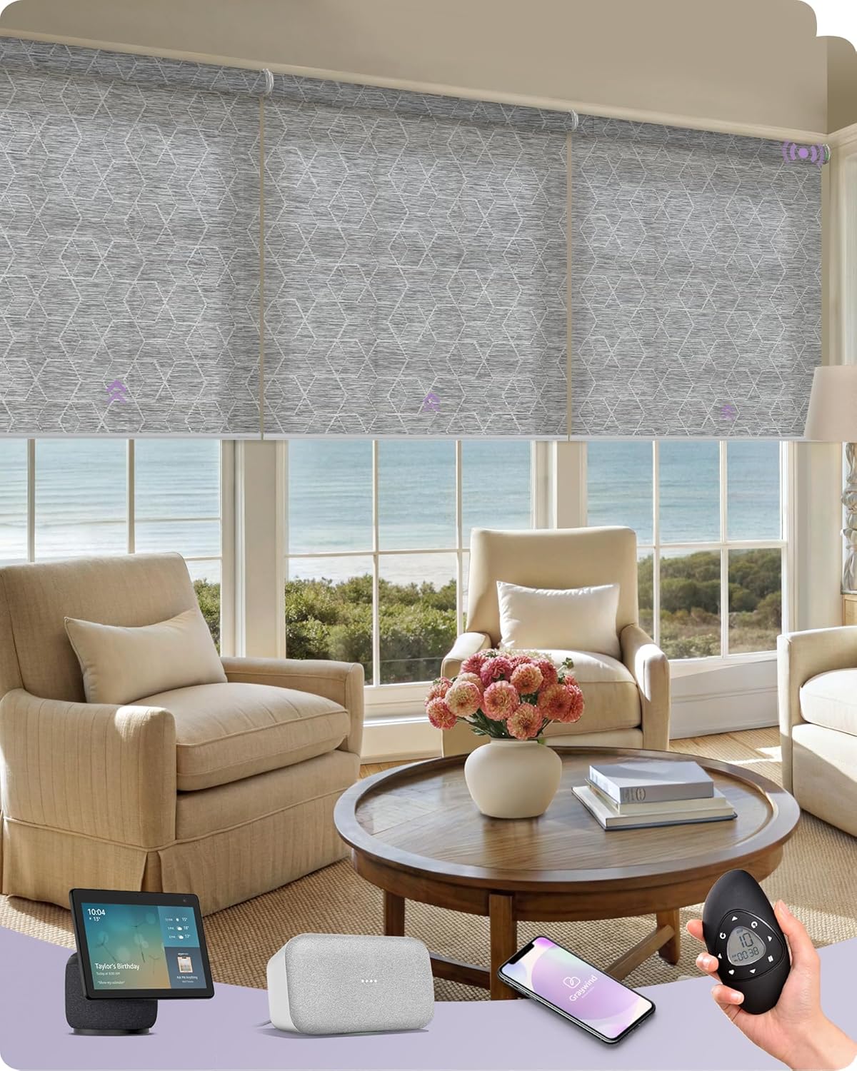 Graywind Smart Coupled Roller Shades Compatible with Alexa Google Custom Size Extra Large Motorized Blinds for Windows(1% Openess Geometry Grey)