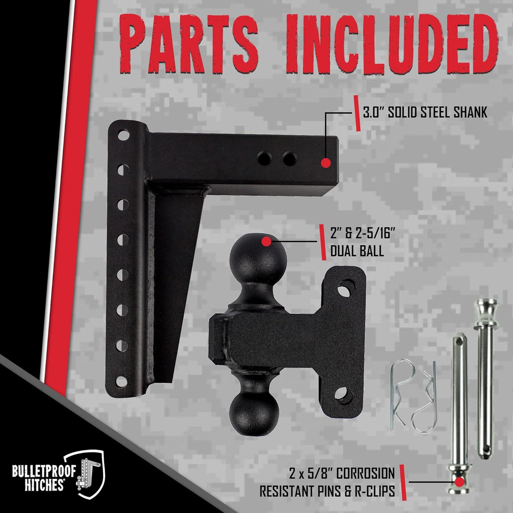 BulletProof Hitches - 3.0" Adjustable Heavy Duty Trailer Hitch (22,000 lb. Rating) - 10" Drop/Rise Trailer Hitch with 2" & 2-5/16" Dual Ball - Powder Coat, Solid Steel, Corrosion-Resistant