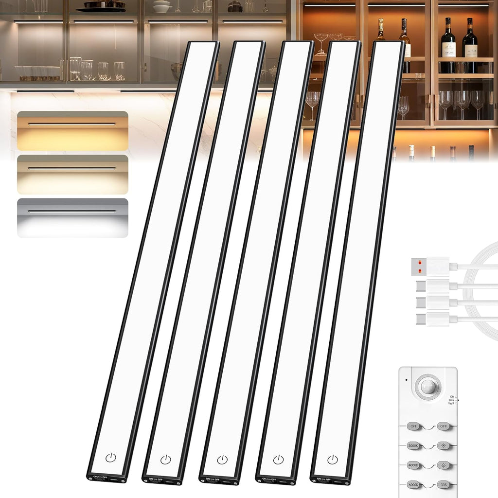 Under Cabinet Lighting,204 LED Wireless Motion Sensor Light Indoor, Rechargeable Closet Lights Battery Operated,Dimmable & 3 Color Temps,Magnetic Under Counter Lights for Kitchen, Closet (60CM,5Pack)