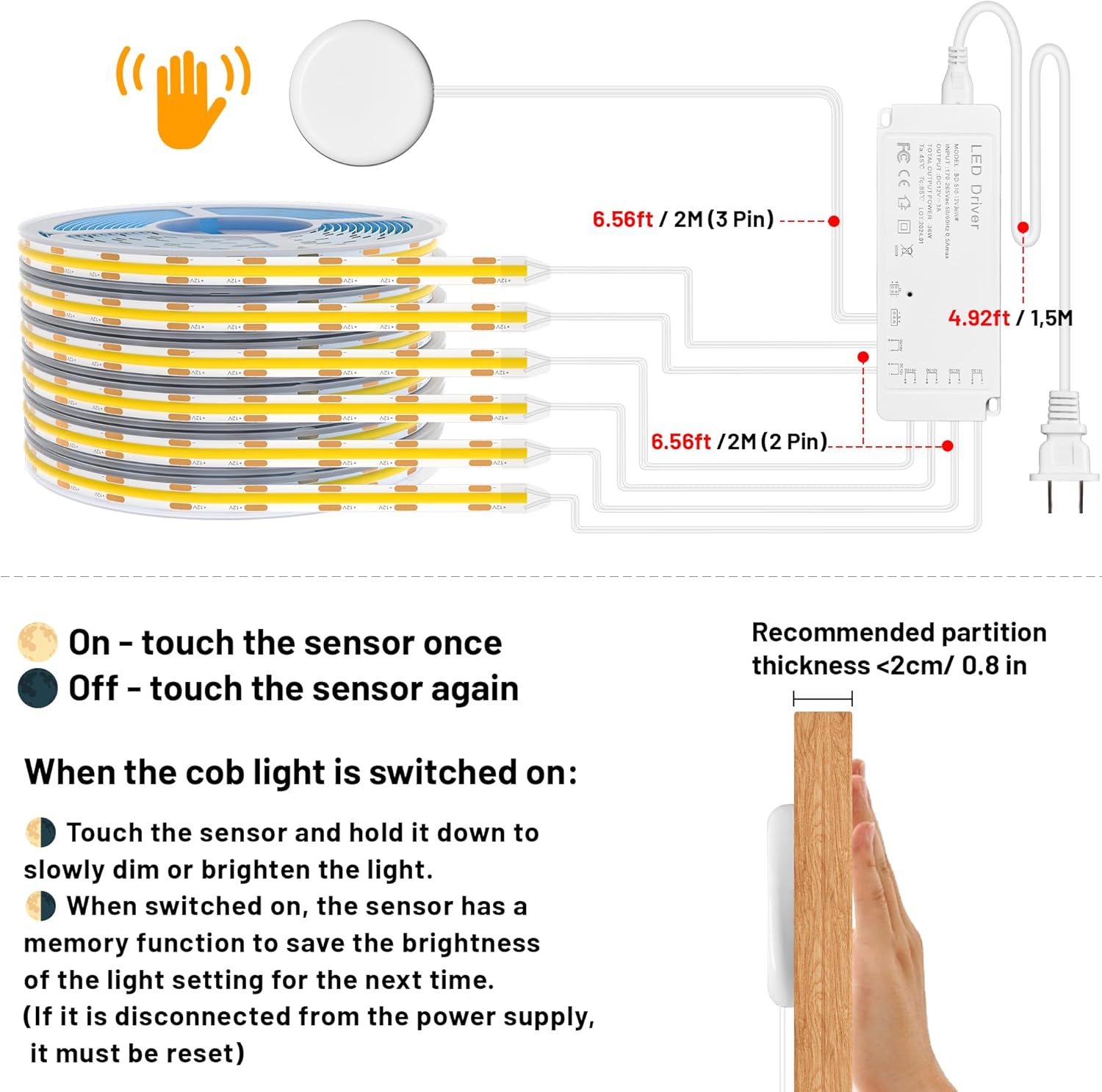 Lichaser 6.56ft COB LED Strip Light, 6 Rolls of 3000K Flexible COB LED for Acoustic Panel and Wood Slat Wall Panels Parallel with Dimmable Touch Sensor Switch, Cuttable for Wood Slat Lighting, Shelf