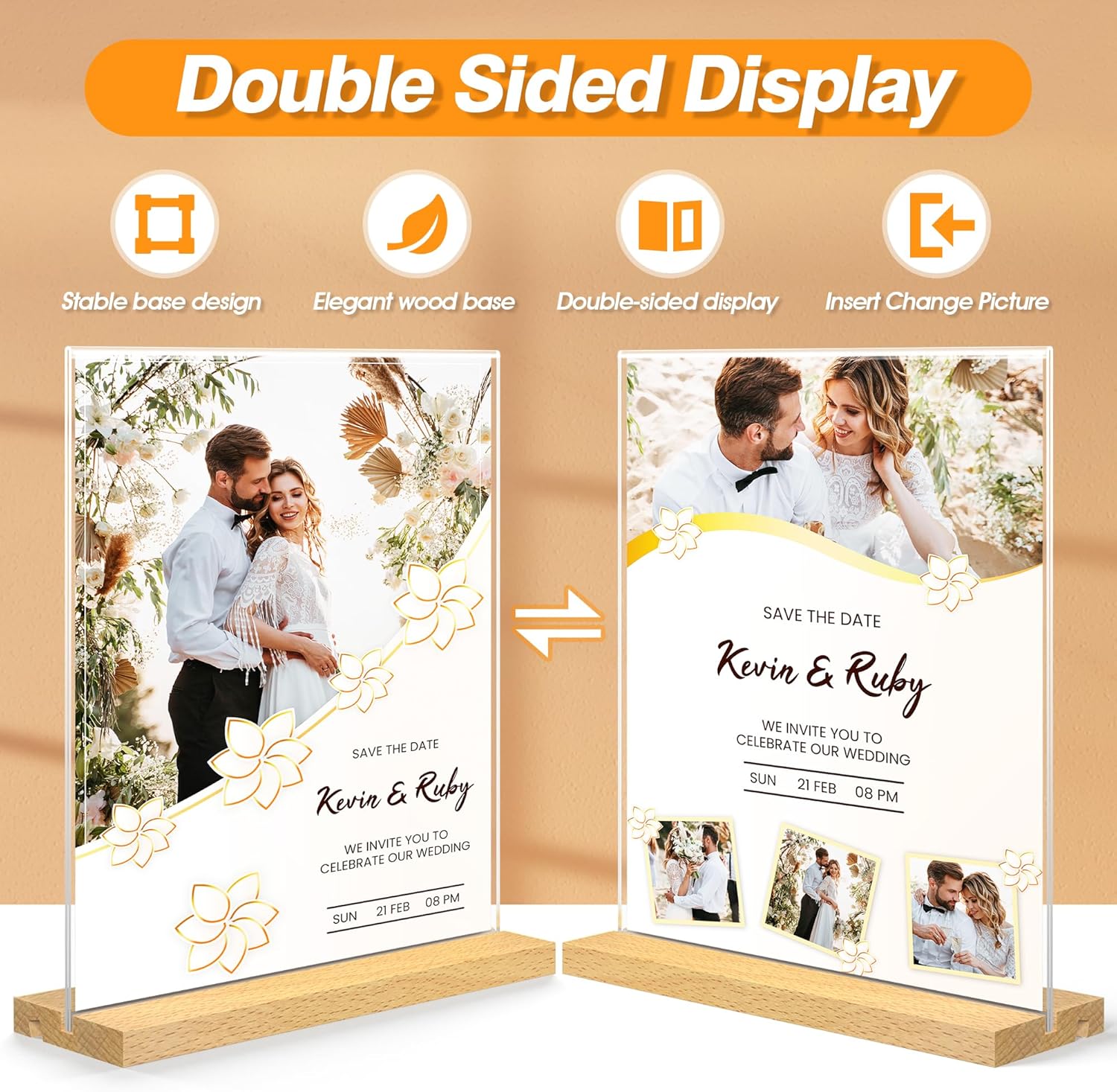 8.5 x 11 Acrylic Sign Holder with Wood Base - Tabletop Display Menu Stand - Clear Plastic L/T Shape Vertical or Slant Back Paper Holders - 3 Pack