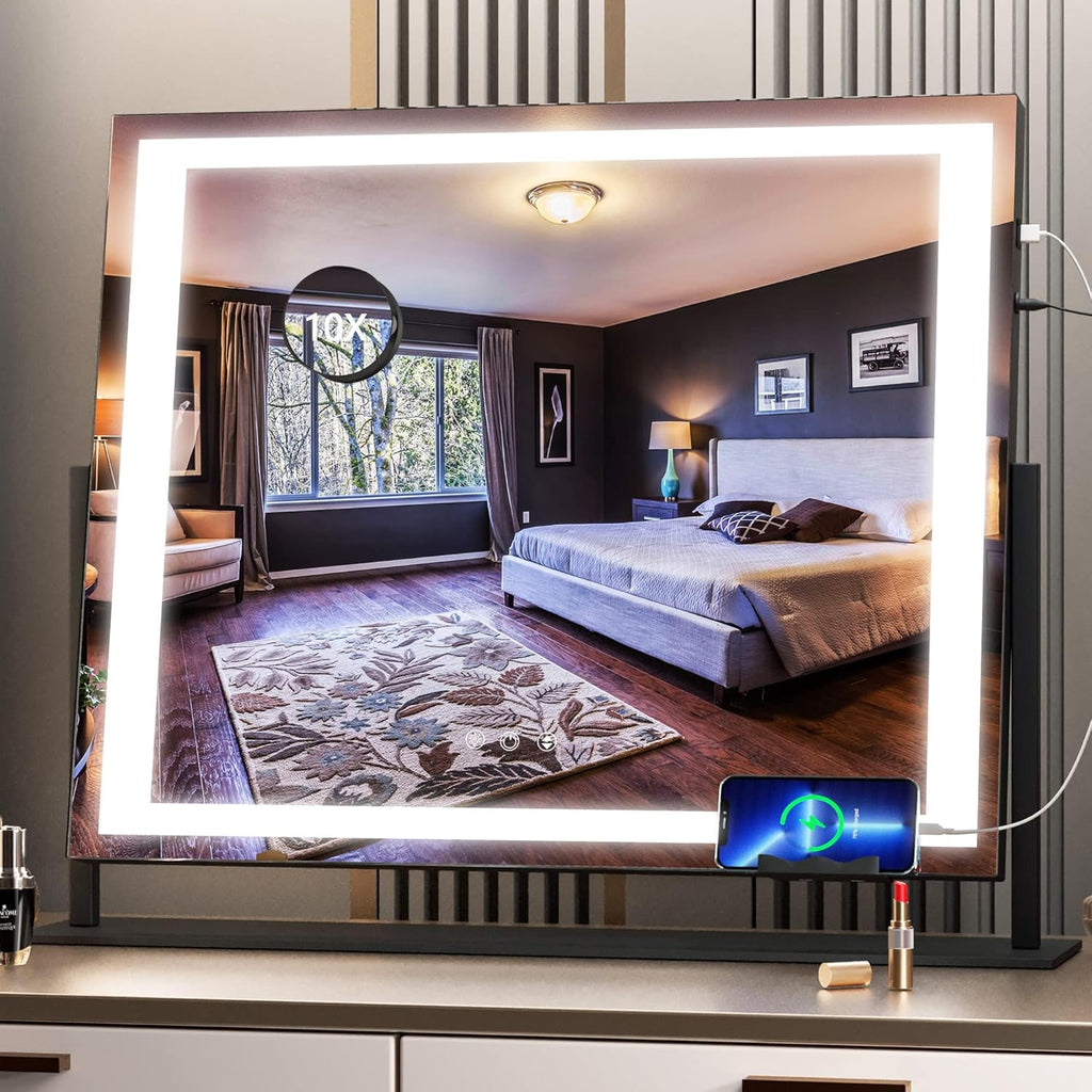 Hasipu Vanity Mirror with Lights, 24.2" x 19.7" LED Makeup Mirror, Light up Mirror with 10X Magnification and USB, Phone Holder, Smart Touch 3 Colors Dimmable, 360° Rotation (Right Angle Black)
