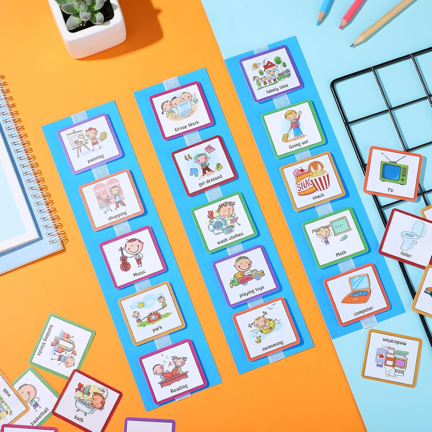 Geyee 60 Pcs Visual Schedule Cards Daily Routine Chart Visual Planner Cards Bulk for Autism Learning Materials Asperger's ADHD Home Education Behavioral Tool(Blue)