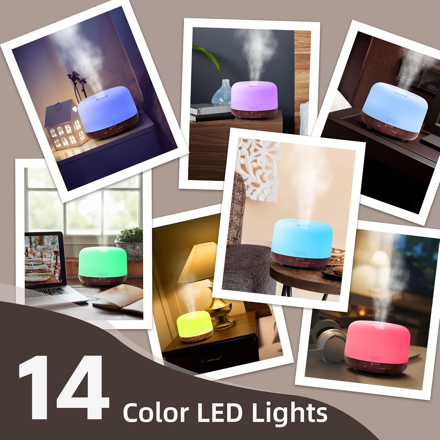 ASAKUKI Essential Oil Diffuser for Home, 500ml Aromatherapy Fragrant Oil Humidifier Vaporizer, 7-Color Light and Auto-Off Safety Switch Reddish-Brown