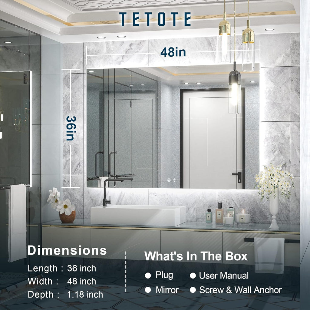 TETOTE 48 x 36 Inch LED Backlit Bathroom Mirror with Lights, LED Vanity Mirror, Frameless, Anti-Fog, Dimmable, CRI90+, Touch Button,Water Proof, Horizontal/Vertical Wall Mounted