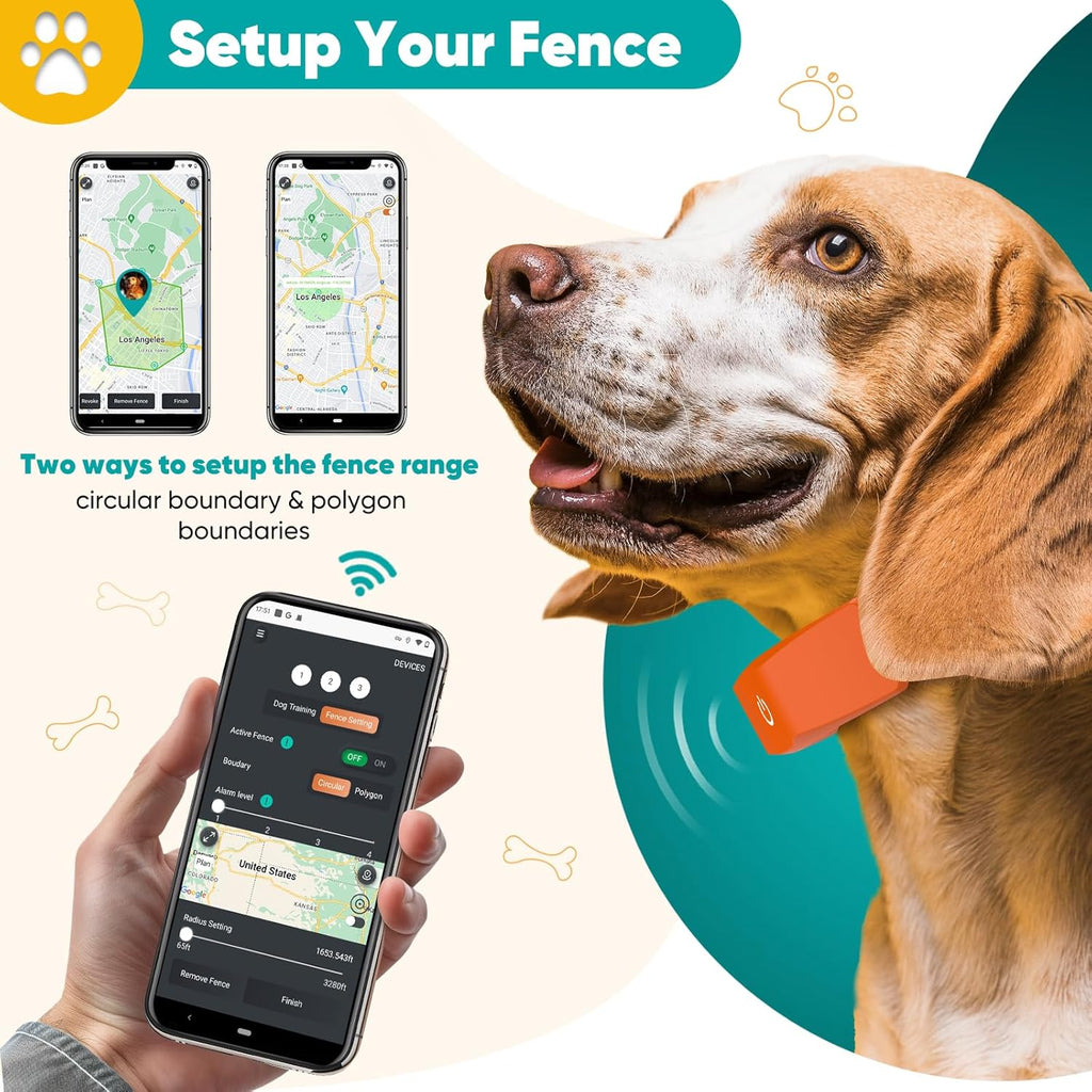 GPS Electric Dog Fence with Free App, Wireless Fence System with Training Collar, Portable for Outdoor Use, Rechargeable Waterproof Flexiable Collar, Adjustable of Dogs (Orange)
