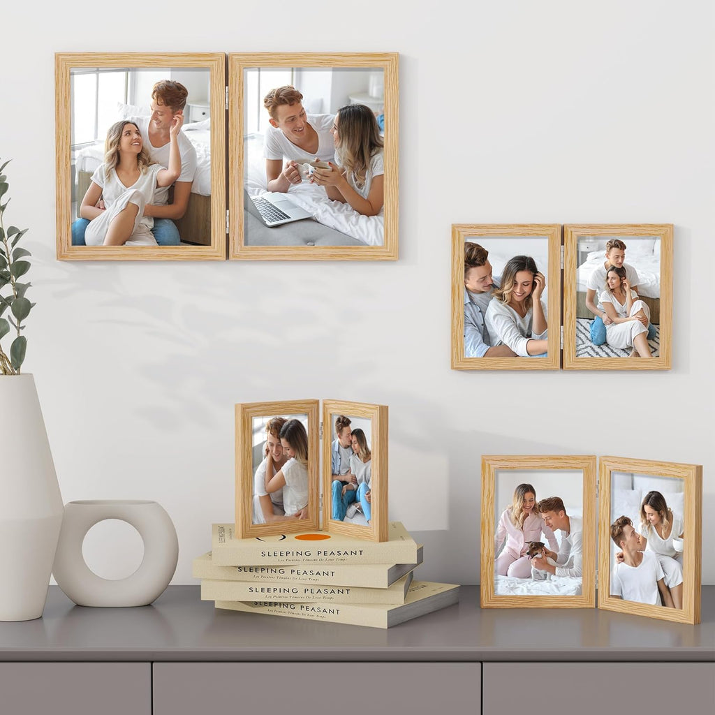 Axeman 5x7 Double Picture Frame - Solid Oak Wood Vertical Hinged 5x7 Photo Frame 2 Opening Folding Family Frames Collage With Real Glass for Tabletop Display, Hanging Hardware Included | Natural