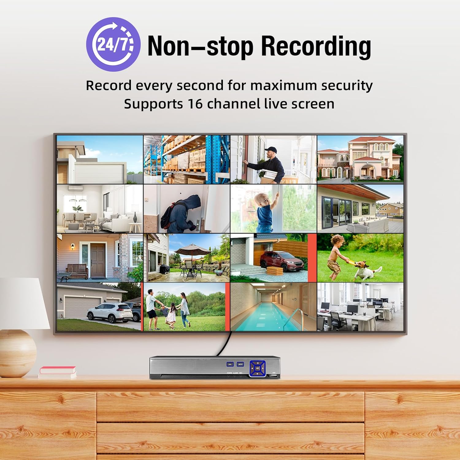 KERUI 16 Channel Security Recorder DVR Supports 5MP Hybrid 5-in-1 AHD/TVI/CVI/CVBS/IP Analog Camera DVR with Human Detection, Remote Access 24/7 Recording(Pre-Installed 2TB Hard Drive)