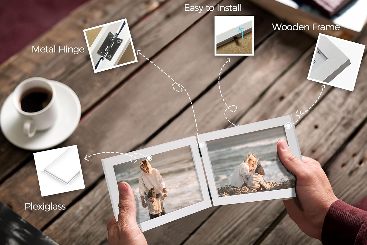 Double 4x6 Horizontal Combo, White Wood Picture Frame, 3.5x5.5 Opening Foldable Landscape View Photo Frame on Table-top or Wall