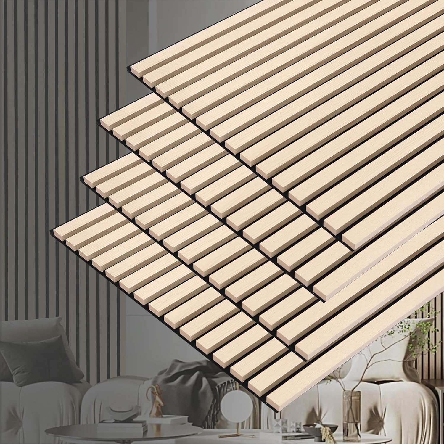 3D Slat Acoustic Wall Panels with Wood Finish Accent, 4 Pack Sound Absorbing Paneling for Studio, Office, Living Room, Bedroom Interior Decor (Natural Oak, 48''L x 24''W)