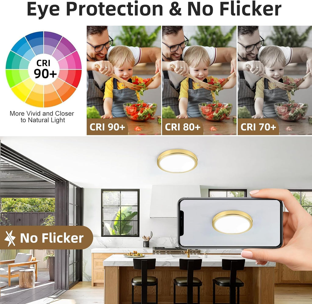 Hlite 4pack 9 Inch Flush Mount LED Ceiling Light Fixture,18W 1800LM Super Slim Light Fixtures Ceiling Mount 3000K/4000K/5000K 3CCT Selectable,Light Fixtures for Kitchen,Bedroom (Gold)