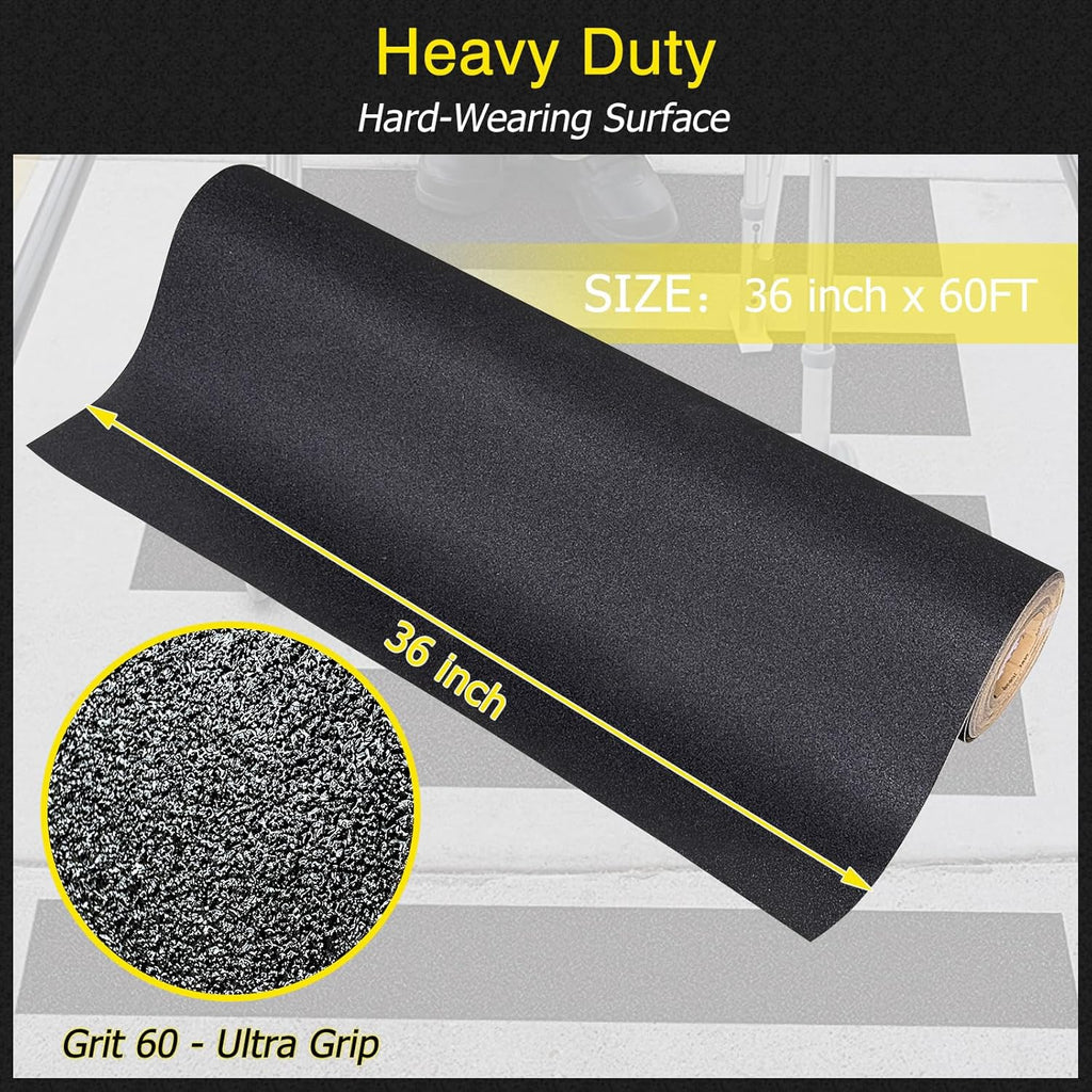 S&X Anti Slip Tape 36 Inch x 60 FT Roll, Ultimate Non-Slip Skid Grip Tape for Outdoor Stair Treads, Wooden Steps & Exterior Grips, Black, Grit 60, Waterproof, Extra-Durable, Long-Lasting Tread Strips