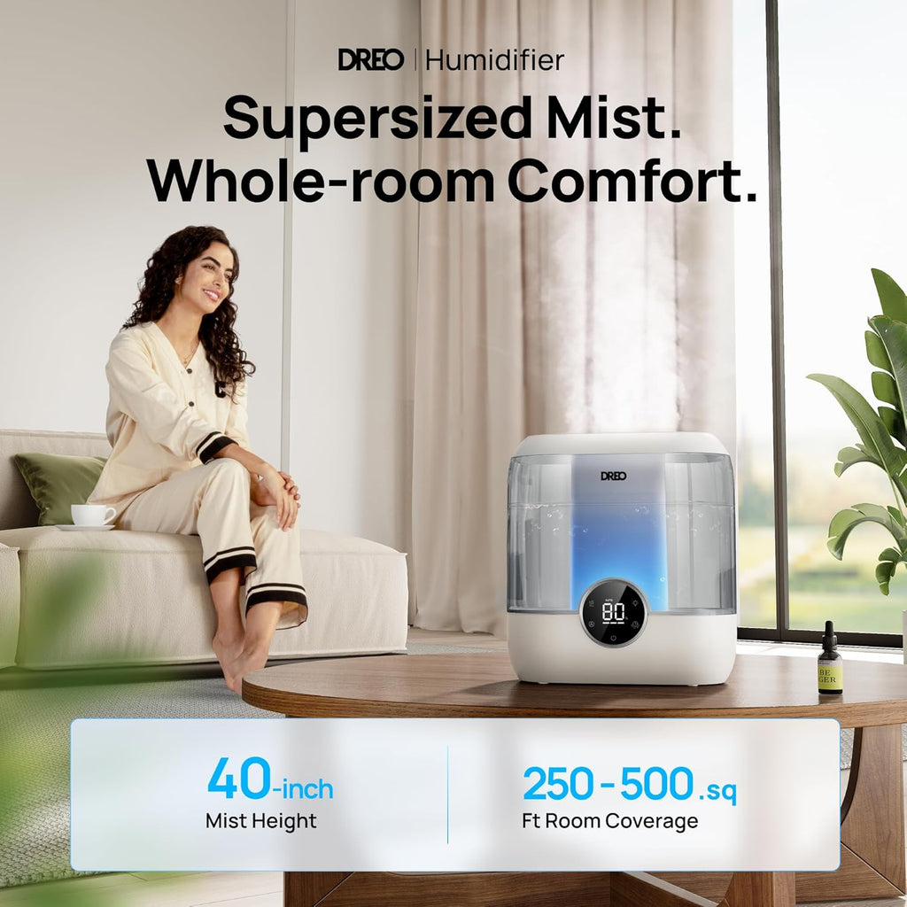 Dreo Smart Humidifiers for Bedroom, 6L Top Fill Supersized Cool Mist Humidifier for Large Room, 60 Hour Runtime, Quiet Ultrasonic Humidifiers for Plants, Baby, Nursery, Indoor, Home, Night Light, Gray