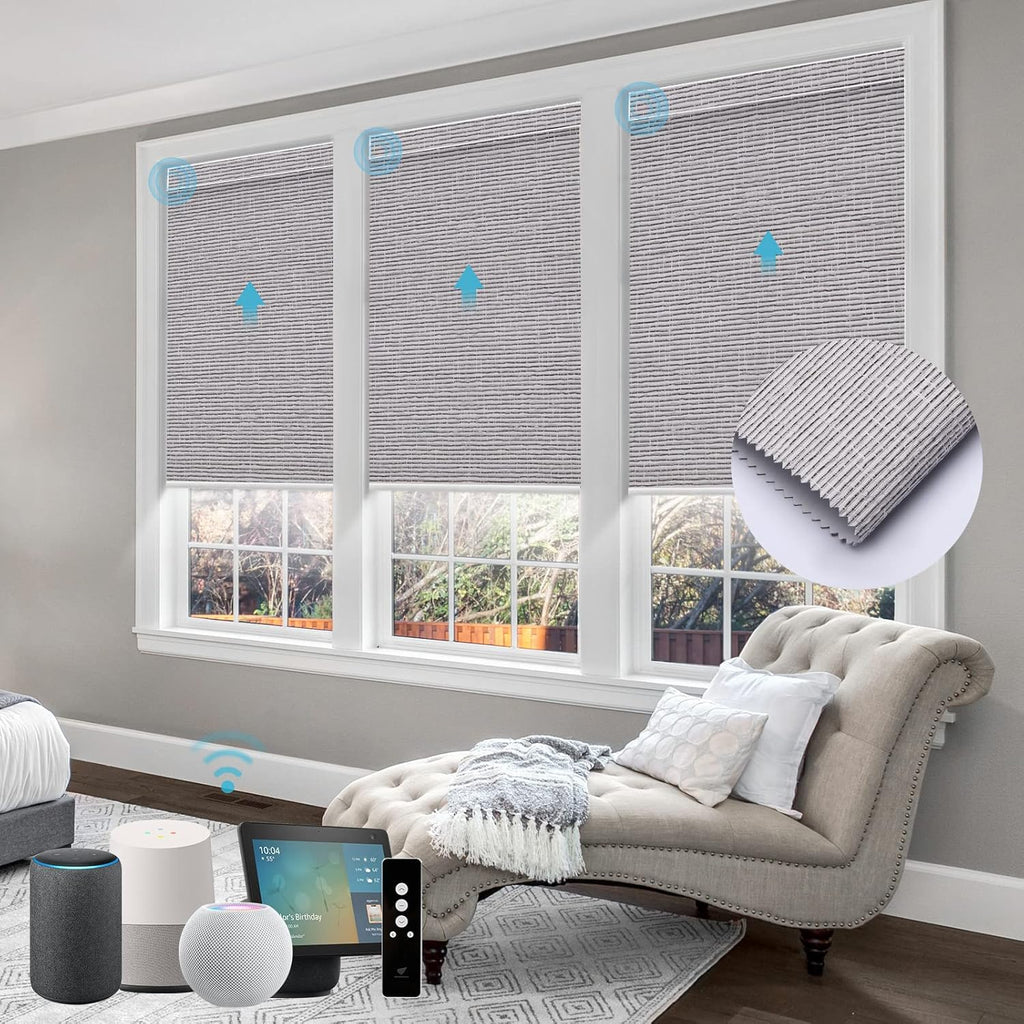 SmartWings Motorized Roller Shades Work with Homekit, Alexa Google, 100% Blackout Smart Blinds for Windows, Cordless Remote Control Window Shades, Safari Rock Grey, Customized Size