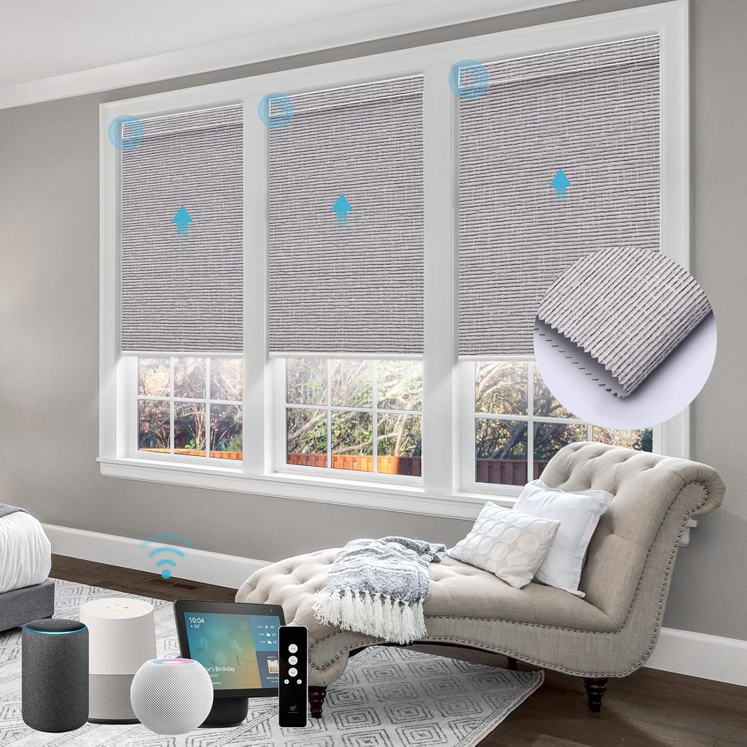 SmartWings Motorized Roller Shades Work with Homekit, Alexa Google, 100% Blackout Smart Blinds for Windows, Cordless Remote Control Window Shades, Safari Rock Grey, Customized Size