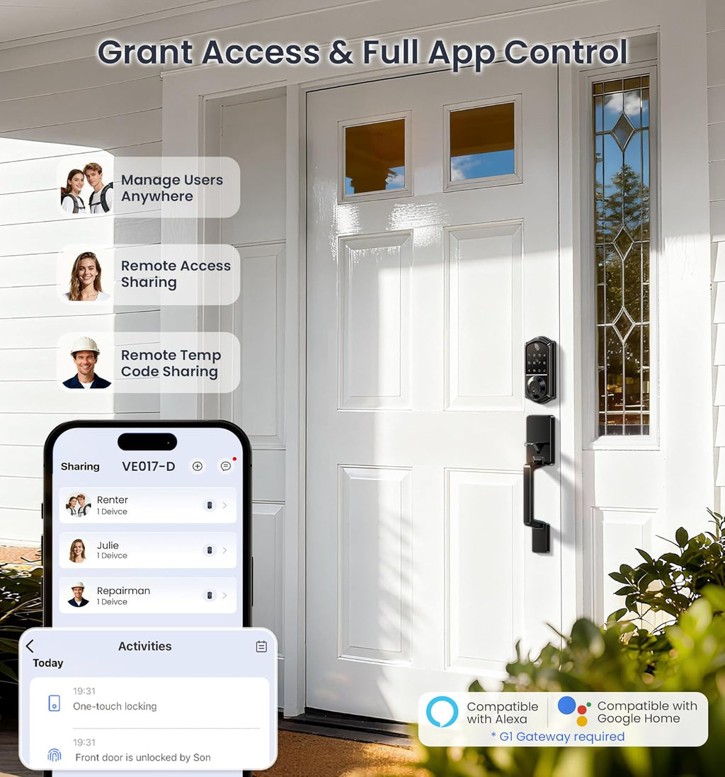 Veise VE017-D Fingerprint Smart Front Door Lock Set, App Control, 8-in-1 Keyless Entry Deadbolt with Lever Handle, Emergency Power Port, Auto Lock, Touchscreen Keypad, Easy Install, Matte Black
