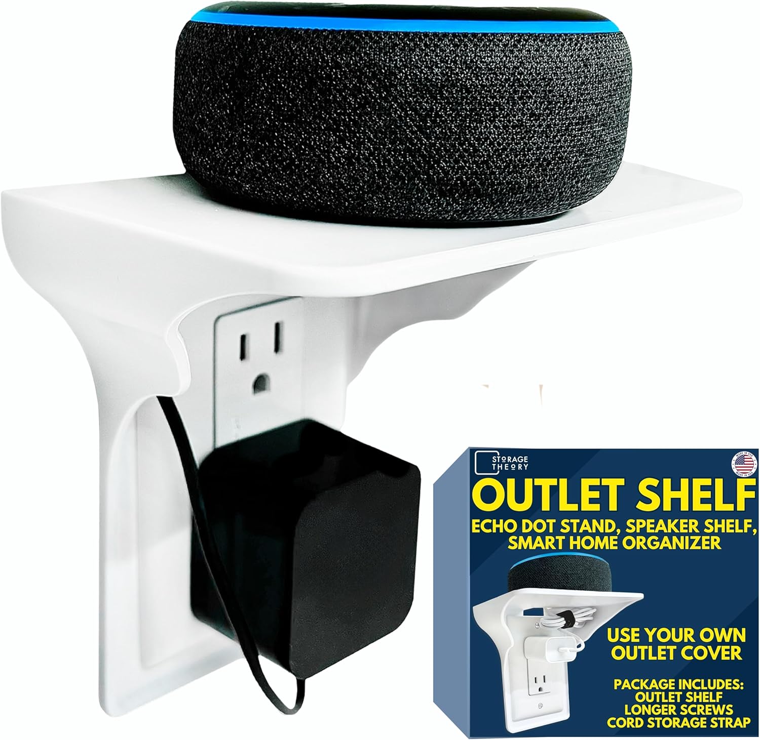 BeraTek Power Perch Wall Outlet Shelf with Cord Storage Strap - Declutter & Reclaim Counter Space - Top Uses: Charging Shelf, Echo Dot Stand, Apple HomePod Mini Wall Mount - White, 1-Pack