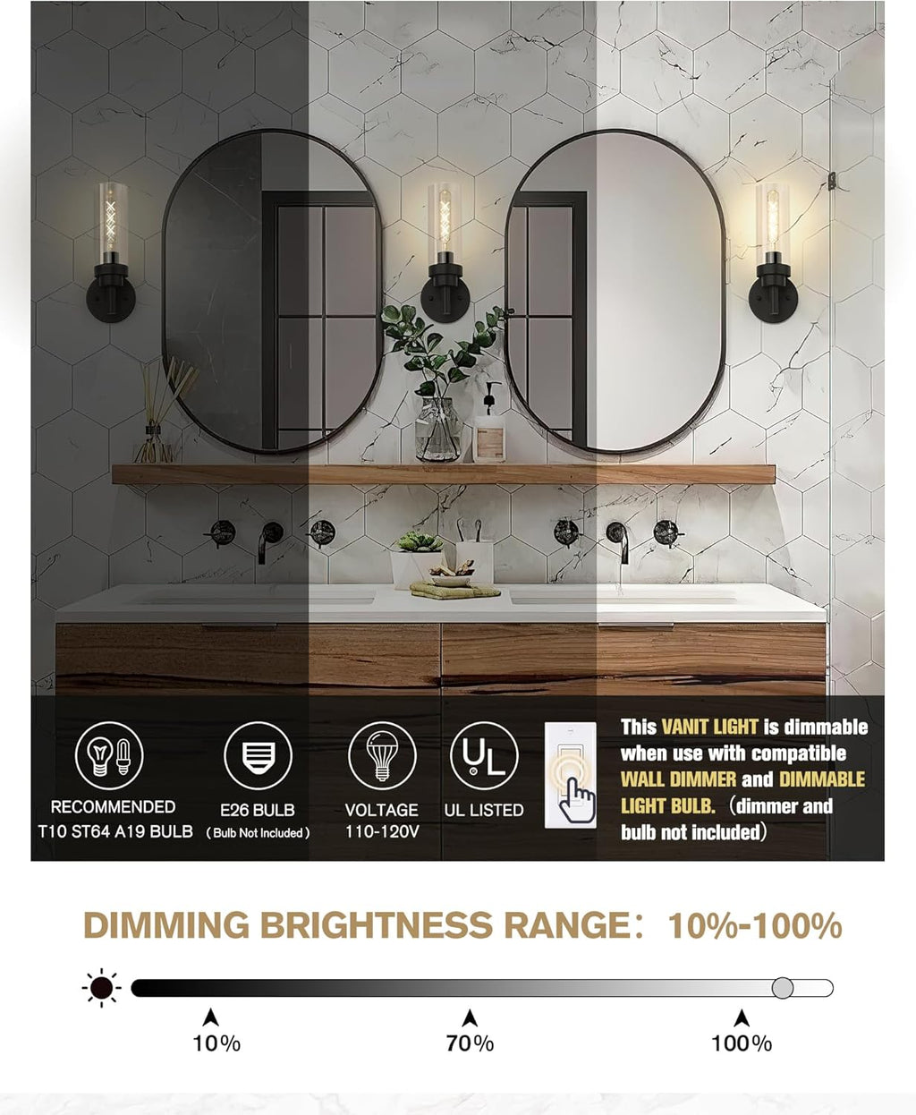 Emak Black Wall Sconces Set of Two, Modern Vanity Lights with Clear Glass Shade, Wall Lights for Bathroom, Bedroom, Living Room, Hallway, WS085-BK-2PK