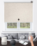 Motorized Roller Shade with Remote Control, 100% Blackout Electric 21-98” Width Blinds for Windows with Via Hub Alexa Google Home, Rechargeable Smart Automatic Customized Size（Linen Beige）