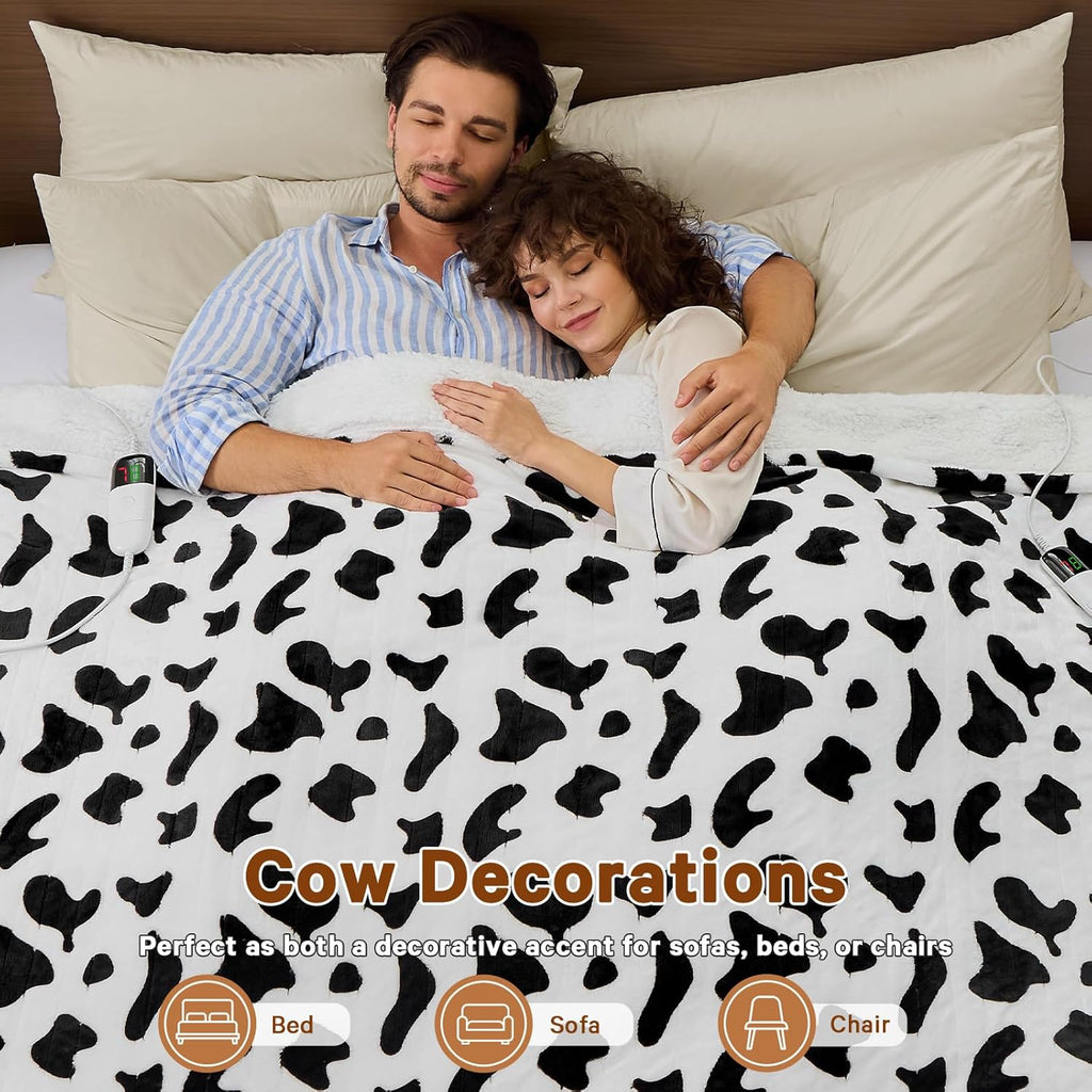 Cow Print Electric Heated Blanket Queen Size,84X90 Black Heating Blanket Queen with Dual Control&Timer&10 Heat Levels,Cute Cow Decor Sherpa Blankets Warmer Gifts for Bed Women Adults