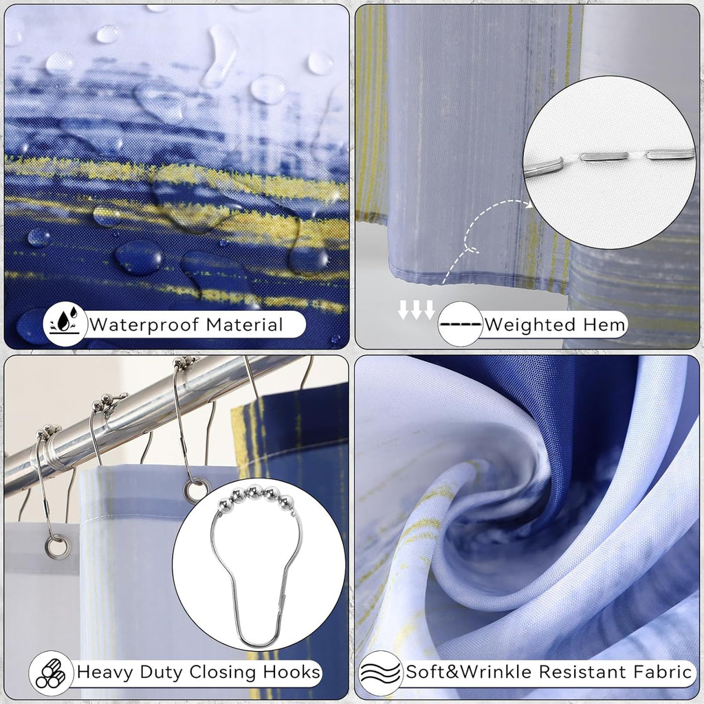 Bathroom Set - Navy Blue and Gold Bathroom Accessories Set, Bathroom Sets with Shower Curtain and Rugs, Blue Shower Curtain Set with Bathroom Trash Can, Soap Dispenser,Soap Dish for Home Decor