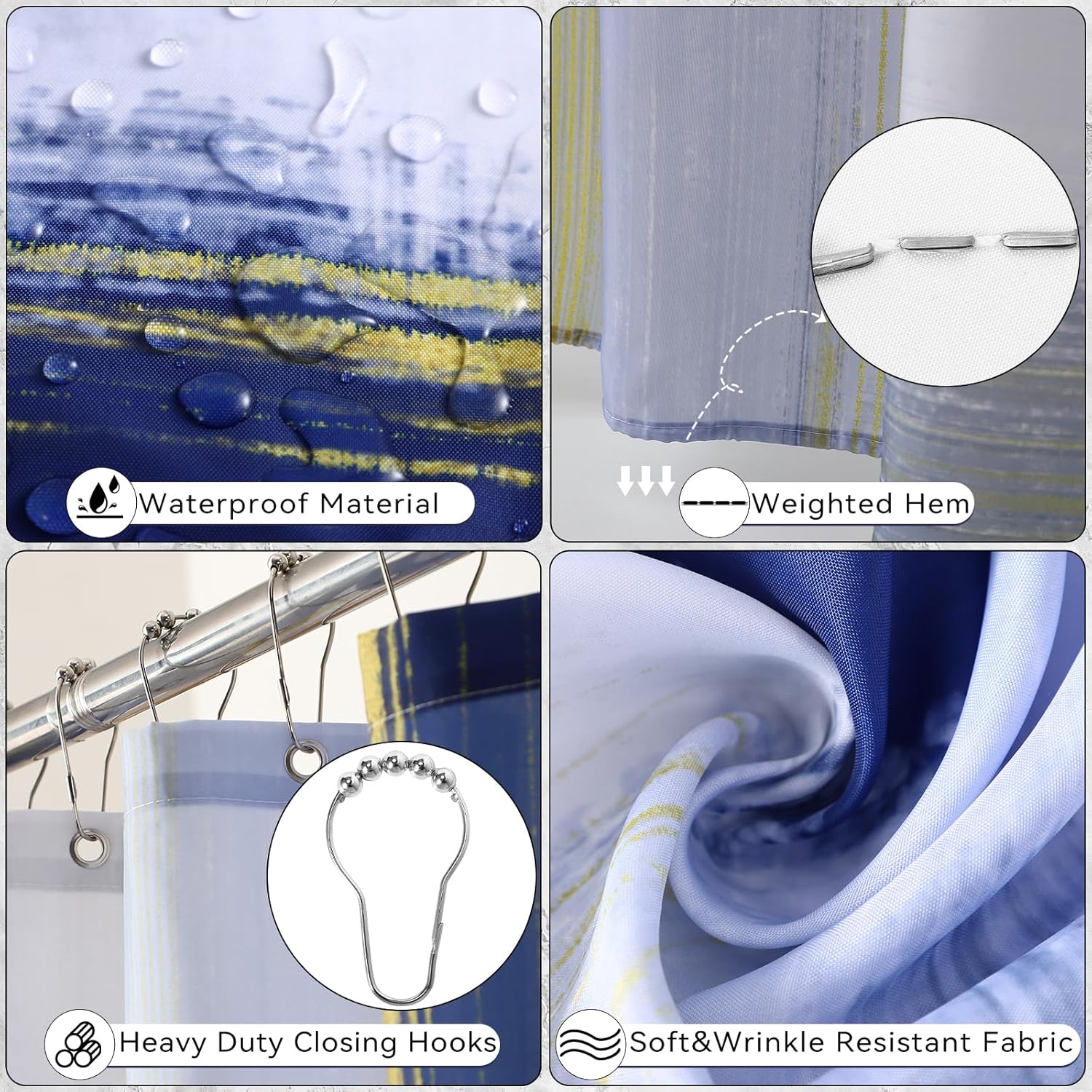 Bathroom Set - Navy Blue and Gold Bathroom Accessories Set, Bathroom Sets with Shower Curtain and Rugs, Blue Shower Curtain Set with Bathroom Trash Can, Soap Dispenser,Soap Dish for Home Decor