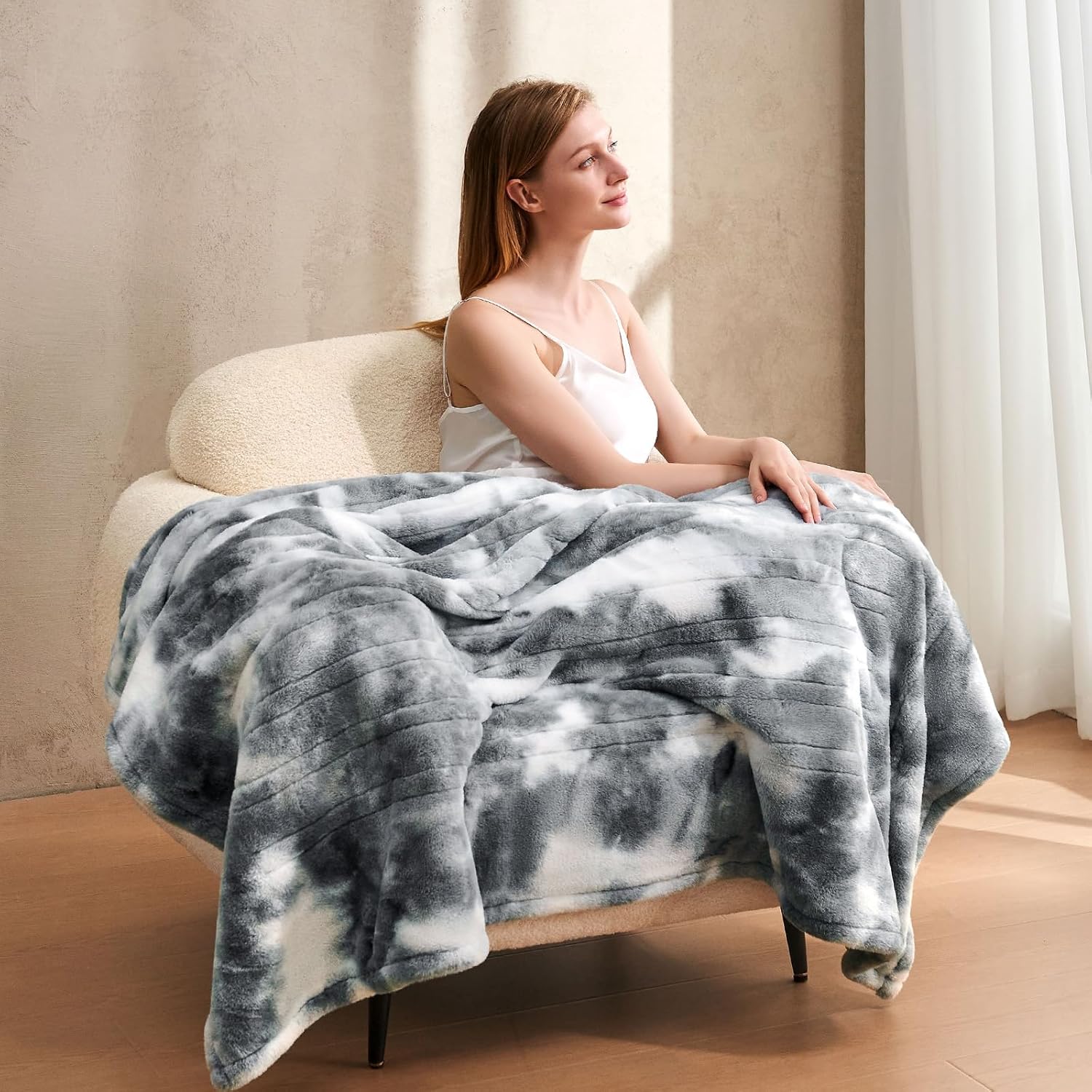 Electric Heated Blanket 84"x90",Luxury Grey Faux Fur Electric Queen Blanket,Fast Heating Soft Fluffy Thick Electric Blanket with 6 Heating Levels & 12H Auto Off